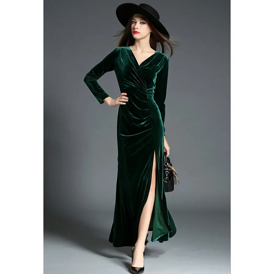Robe Longue Femme Soiree женское платье, зимнее женское винтажное бархатное платье с длинным рукавом зеленого и красного цвета, Сексуальные вечерние платья макси - Цвет: green