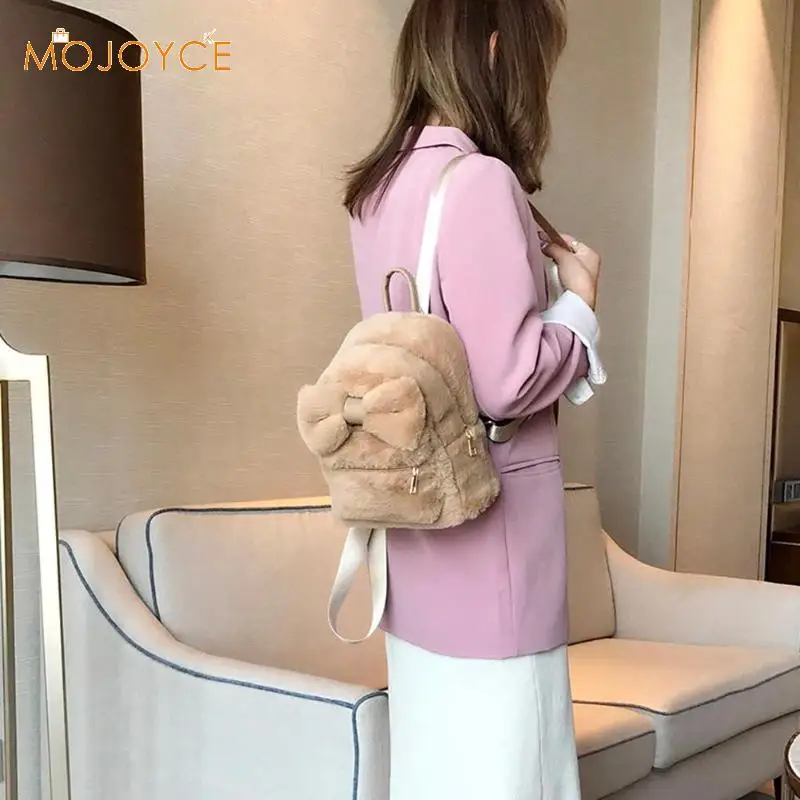 

Luxury Spring New Faux Fur Backpack Bowknot Design Girls Solid Shoulder Mini Back Bag Women Travel Rucksack Mochila Feminina