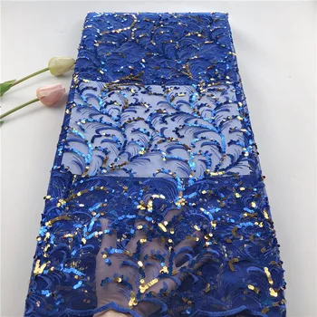 

New Royal Blue Gold White Green African Sequin Lace Fabric 5 yards African Fabric Lace Latest 2019 French Tulle Lace For Wedding