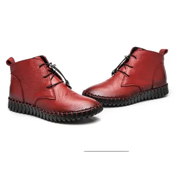 

Women Winter Genuine Leather Ankle Boots Handmade Lady soft Flat shoes comfortable Casual Moccasins Lace Up Short Boots Woman
