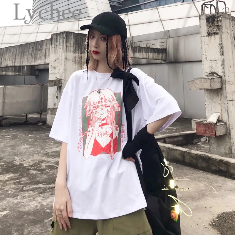 Lychee Harajuku Японская темная девушка принт Женская футболка футболки короткий рукав вырез лодочкой свободные лето весна женские футболки