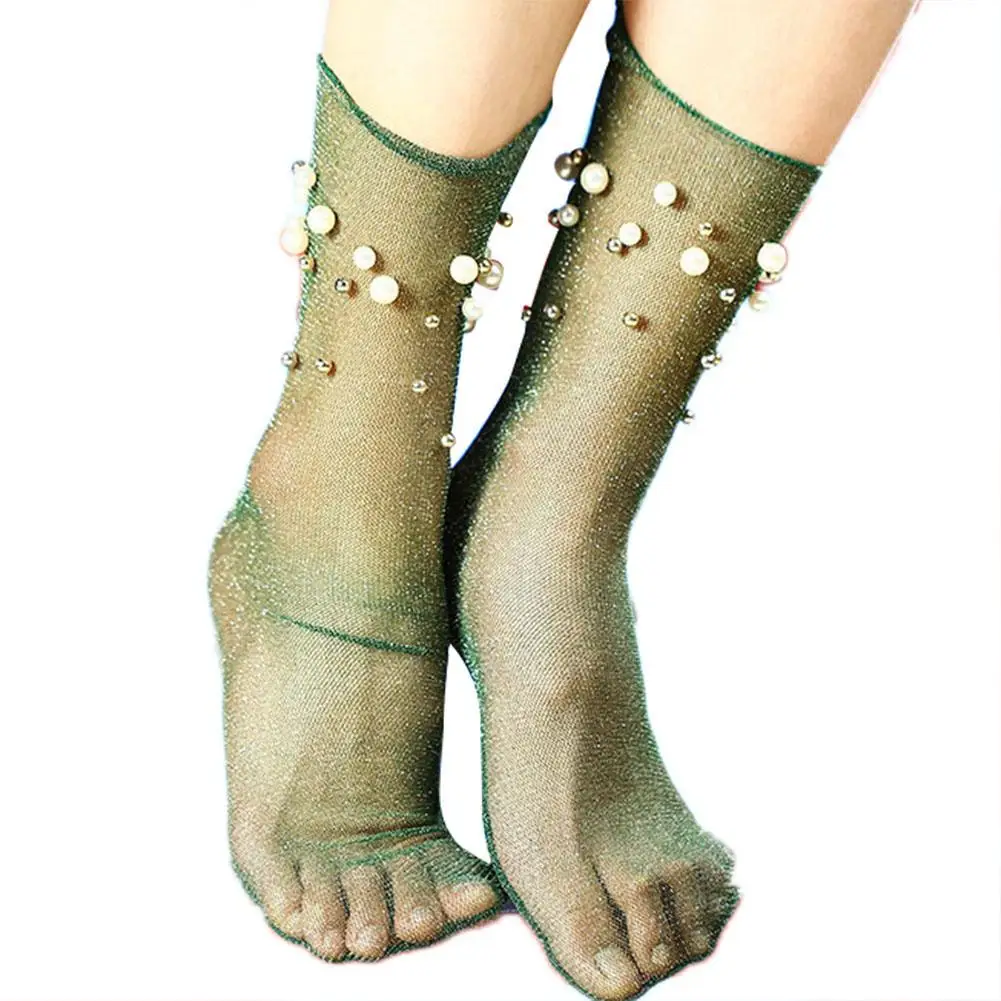 

Sexy Faux Pearl Glitter Transparent Summer Ultra Thin Elastic Middle Tube Footed Short Tights Hosiery for Women