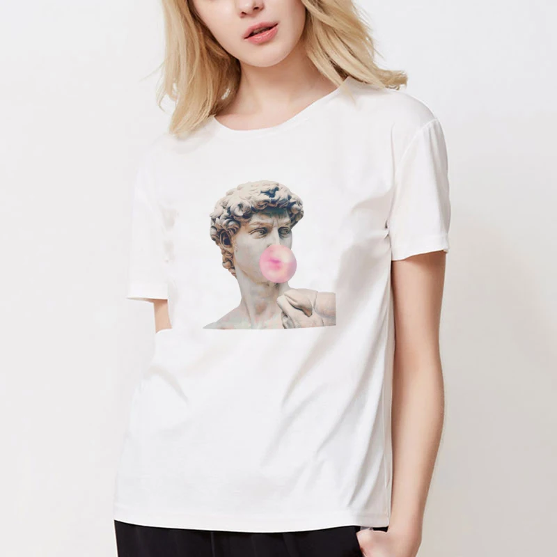 

Women Summer Aesthetic Funny Spoof Michelangelo David Statue Bubble Gum Chewing Printed White Tshirt Short Sleeve Womens T-shirt