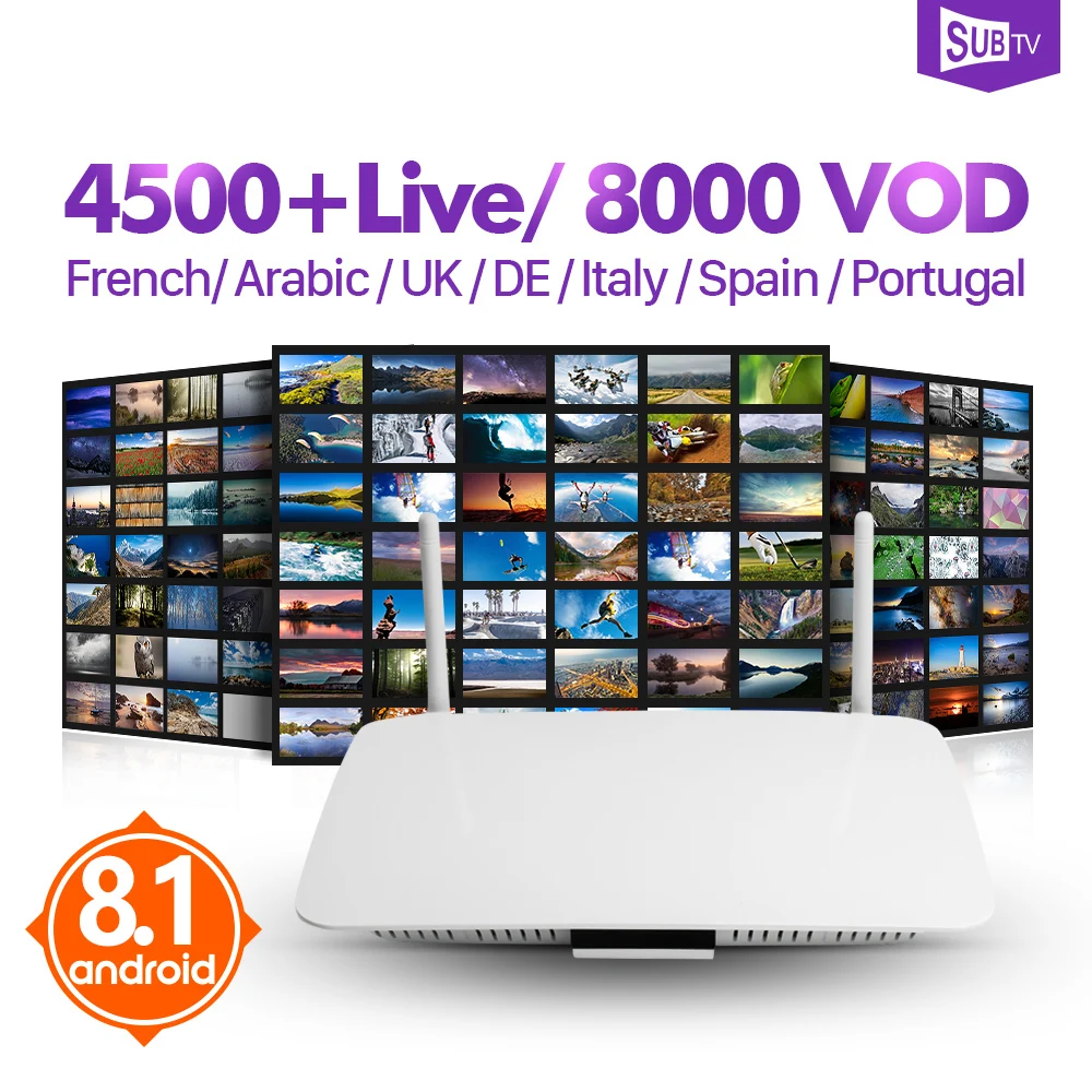 

Android 8.1 TV Box Smart Set Top Box with SUBTV Subscription 3500 Channel 2000 VOD French Arabic Italy Spain IPTV Video Box Play