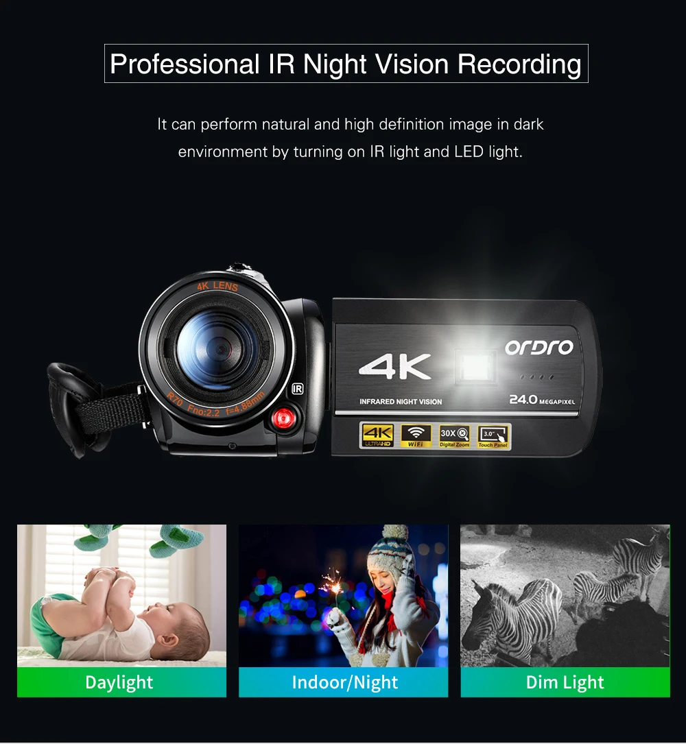 ORDRO обновленный AC3 4K Горячий башмак wifi цифровая камера HDMI 24MP инфракрасное ночное видение видео запись видеокамера " сенсорный экран