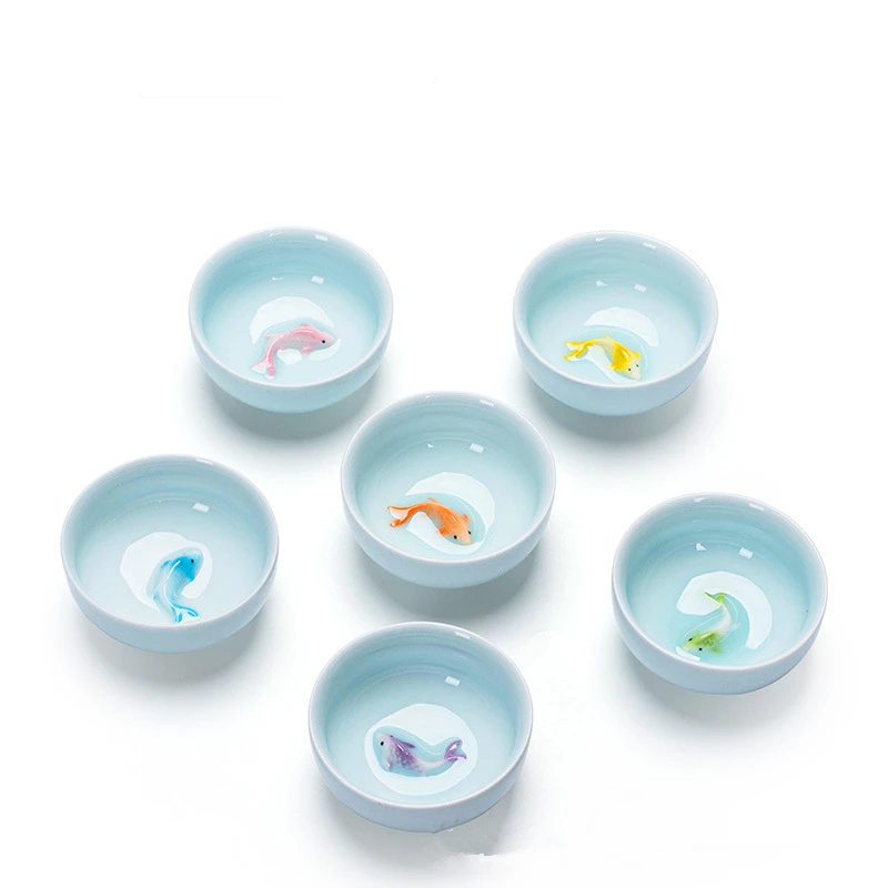 

6pcs Color Chinese Tea Cup with 3D Fish Teacup Set Ceramic China Kung Fu Tea Cups Set Party Gifts Wedding Gifts Decor for Home