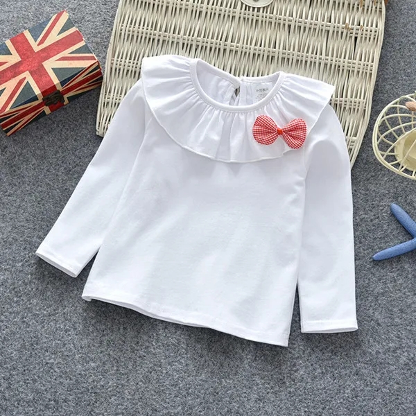 Белая однотонная хлопковая рубашка с длинными рукавами и бантом для маленьких девочек, KT-1900 - Цвет: Белый