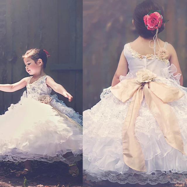 Best price at $145 Cheap Custom Make Little Girls Party Dresses One Shoulder Lace Hand Made Flowers Tiered Organza Tiered Ball Gown Little Girls Dress
