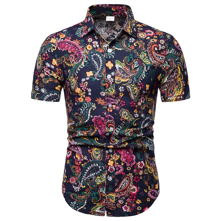 

Linen Shirt Man Floral Social Shirt Plus size Short sleeve Slim Casual Hawaiian Style Flower Blouse Men Summer New