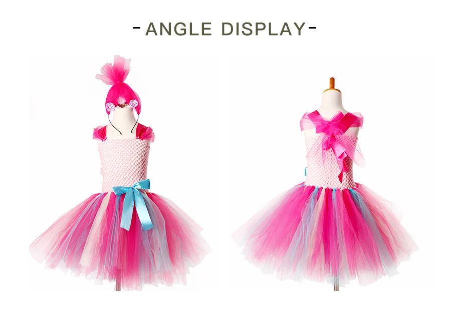Princess Trolls Poppy Children Tutu Dress with Headband Poppy Birthday Tutu Costume Baby Girl Halloween Cartoon Tulle Dress (2)