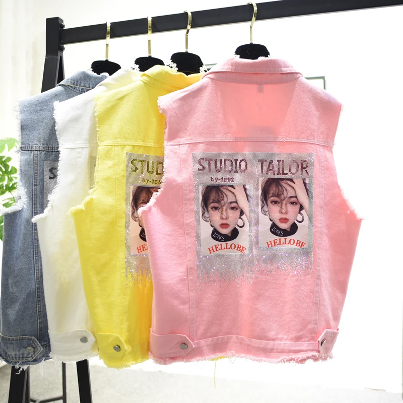 

Loose Hole Denim Veste Femmes 2019 New Korean Diamond Printed Womens Sleeveless Jacket Pink Yellow Summer Vest Female Waistcoat