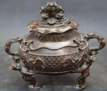 

7" Chinese Bronze Auspicious Golden Toad Spittor Incense burner censer Statue