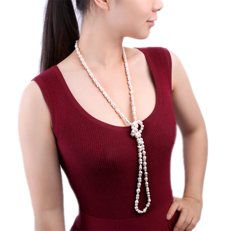 JYX длинное жемчужное ожерелье 7,5*13,5 мм Натуральное белое длинное жемчужное ожерелье барокко пресноводное жемчужное ожерелье свитер цепи 48"