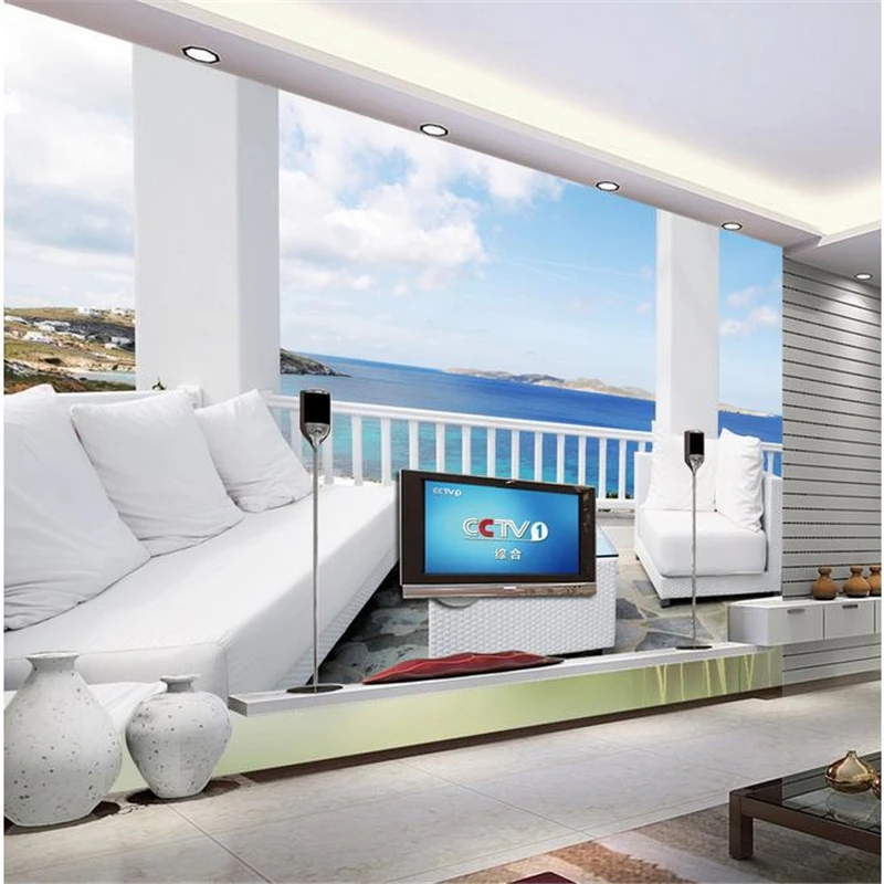 

3d stereoscopic beach views murals Europe TV backdrop wallpaper living room bedroom murals free shipping