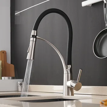

Brass Brushed Kitchen Faucets with Rubber Design Mixer Faucet for Kitchen Single Handle Pull Down Deck Mounted Crane for Sinks