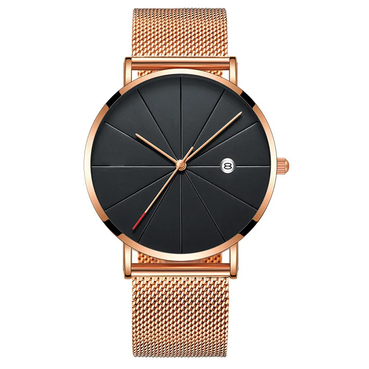 Новые роскошные мужские деловые часы с черным золотым сетчатым ремешком, модные повседневные дизайнерские кварцевые наручные часы с датой, мужские часы Reloj Hombre