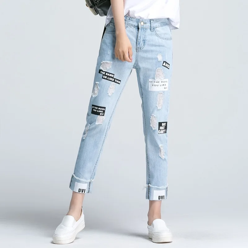 

Summer Women's Harem Jeans 2018 Fashion Ladies Stamp Loose Jeans Casual Pants Rotten Hole Casual Ankle Length Jeans Size 26~32