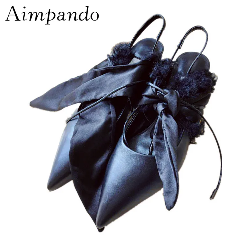 

New Arrival Genuine Leather Gladiator Sandals Women Pointed Toe Strange Heel Butterfly-knot Fur Sexy Sandalias Mujer