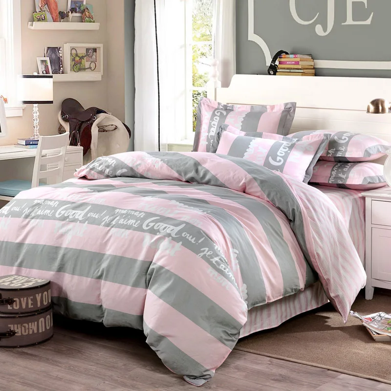 cotton bedding set 4pc duvet cover set plaid and letters printed sheet