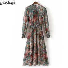 Otoño mujer Vintage vestido estampado de manga larga cuello redondo 2 uds vestido de gasa Casual estilo europeo elástico cintura A-line vestido largo