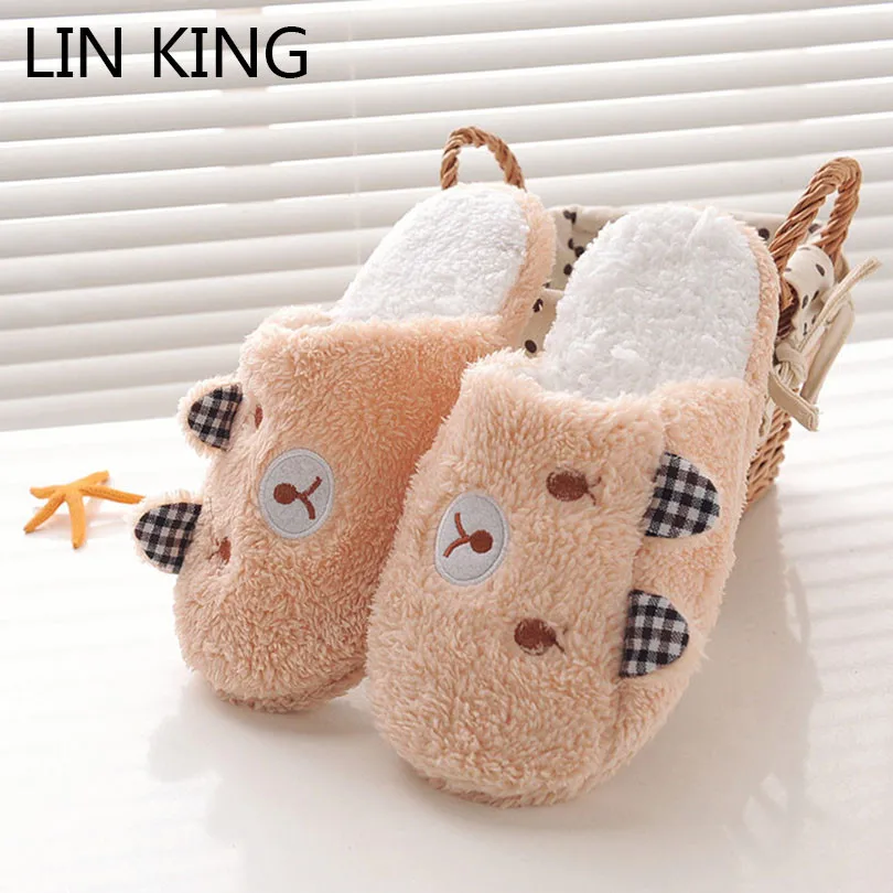 

LIN KING New Warm Cotton Women Indoor Slippers Cute Cartoon Bear Winter Flats Home Shoes Non Slip Girls Bedroom Floor Slippers