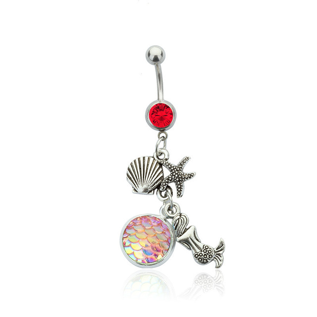 Body Piercing Jewelry with Silver Color Red Crystal Rainbow Scales Mermaid  Shaped Dangle Belly Button Ring for Unisex