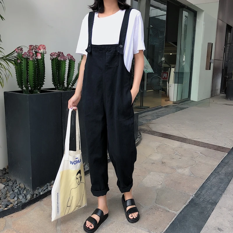 

2019 Spring New Korean Rompers Womens Jumpsuit Loose High Waist Straps Denim Women Ankle-length Pants Overalls Black and Beige