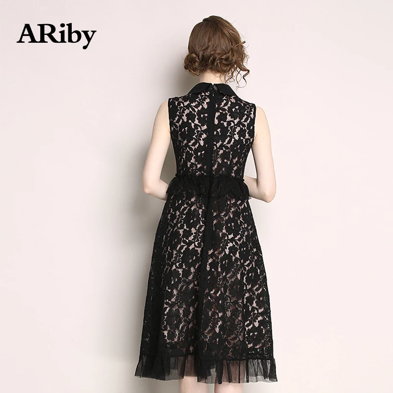 Women Dress Plus Size Summer Dress 2019 New Elegant Sleeveless Lace Black A-Line Print Mid-Calf Empire Turn-down Collar Dress