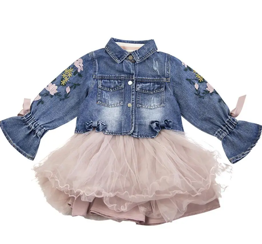 

Fall Girls Outfits Long Sleeve Tulle Under Tutu Dress+Embroidery Denim jacket 2pcs Children Clothing Set Kids Outfits HW2273