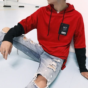 

2018 New Autumn Even Hat Patchwork Color Letter Words Printed Personality Man Male Pullover Loose Hoodies Outerwear Coat