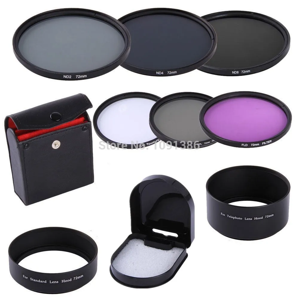 72mm UV CPL FLD ND2 ND4 ND8 Lens Filter Kit + 72 mm Standard metal Hood + Telephoto lens hood