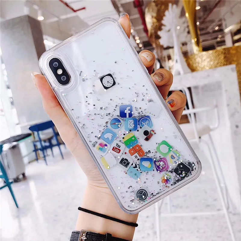 

Stylish PC+TPU Phone Case For iphone XS XR XS Max Liquid Quicksand Fun Icon For iphone X 8 7 6 6s plus Soft Shell Cover