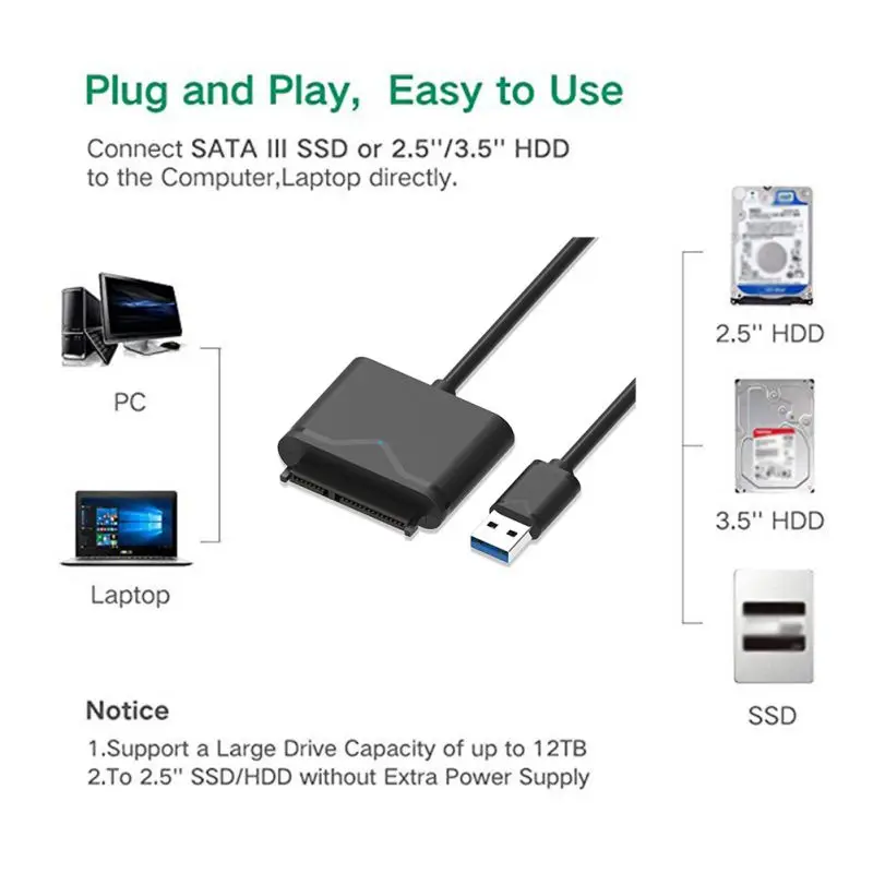 

USB 3.0 to SATA III Adapter Cable With UASP SATA to USB Converter for 2.5/3.5" Hard Drives Disk HDD and Solid State Drives SSD