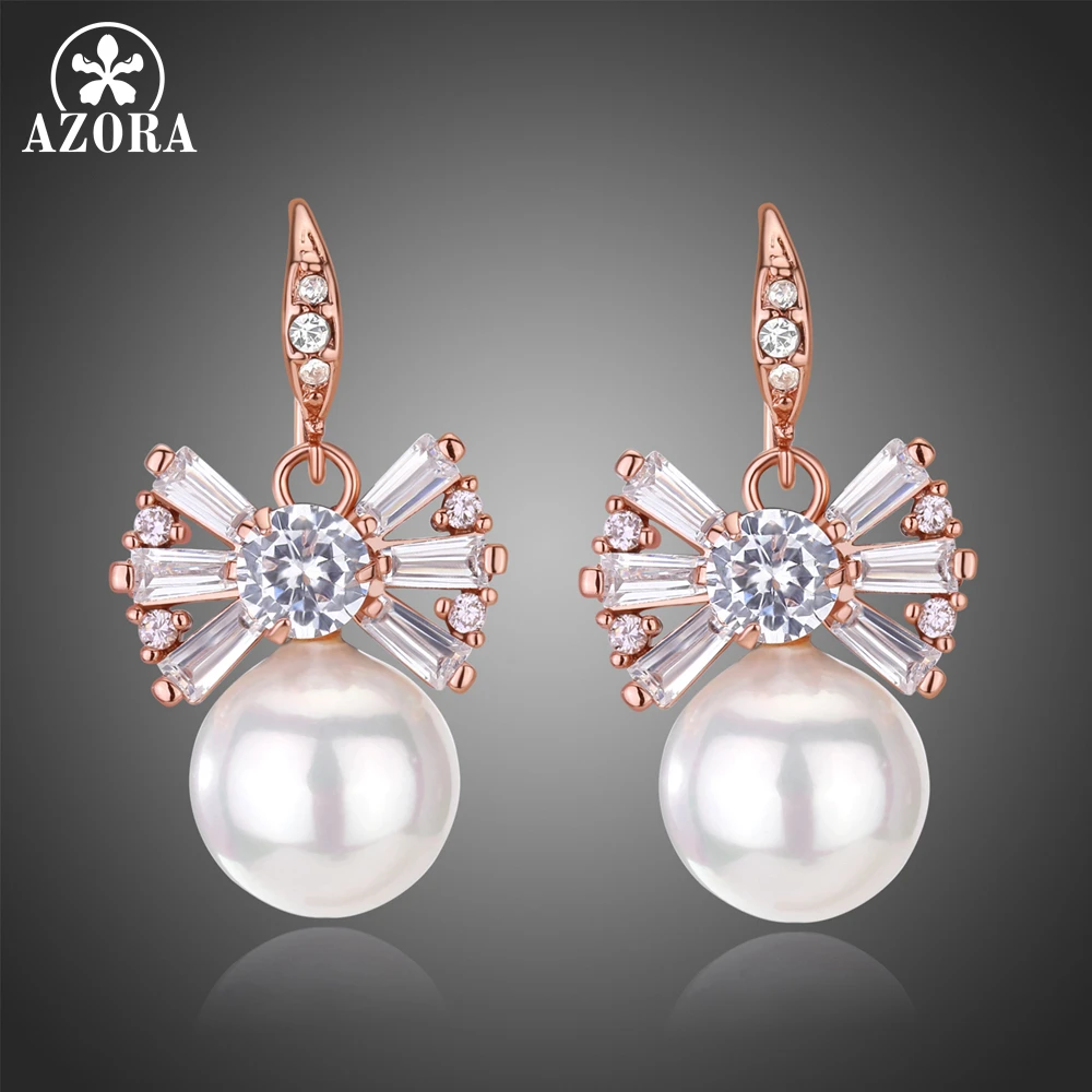 AZORA Simulated Pearl Earring Dangle Drop Rose Gold Color Bowknot Earrings Clear Cubic Zirconia Fashion Jewelry for Women TE0332