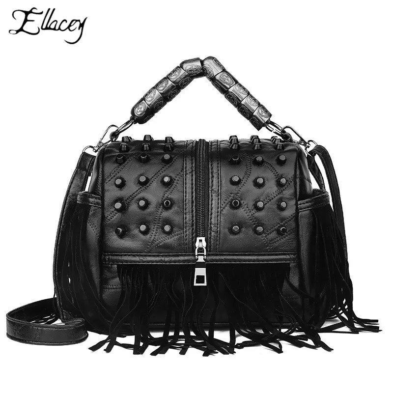 Women's Sheepskin Patchwork Shoulder Bag European Rivets Fashion Bowling Bags Tassel Vintage