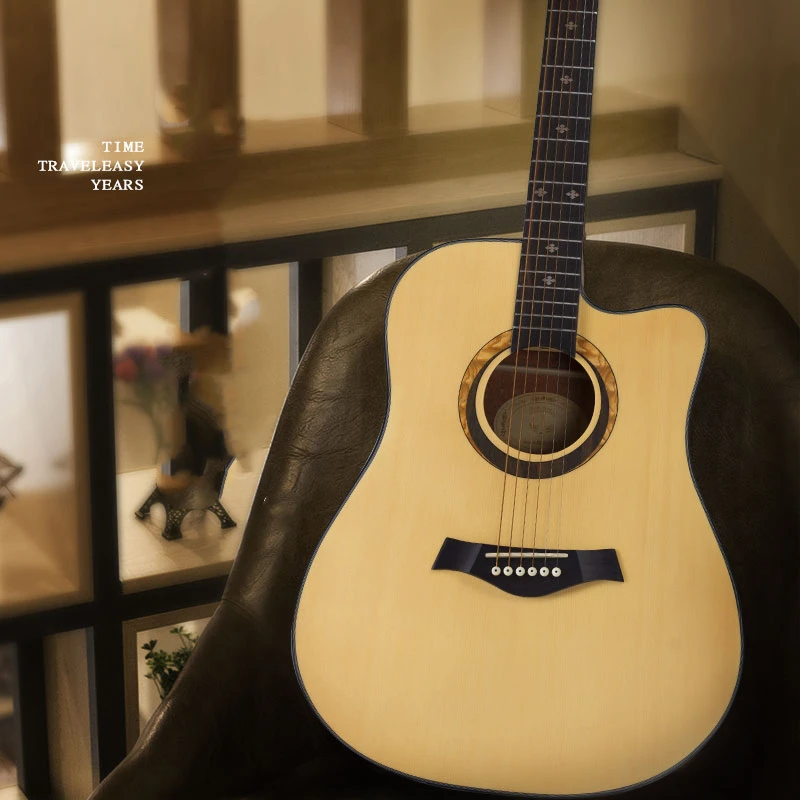 

TB ins 41'' Inch Acoustic Guitar Rounded Corner Cutaway Acoustic Guitar Solid Wood Top Strap String Hand Exerciser Wound Guitar