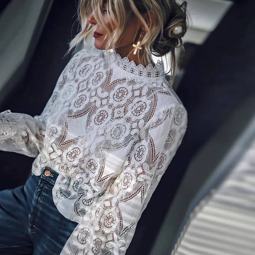 

New style 2019 Fashion Summer laced blouses Sexy&Club o-neck Long sleeve Lace Floral white blouses ladies casual shirts
