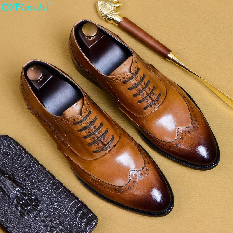 

Men Dress Shoe Brand Fashion Groom Wedding Shoes Genuine Leather Pointed Toe Lace Up Men Business Brogue Shoes US 11.5