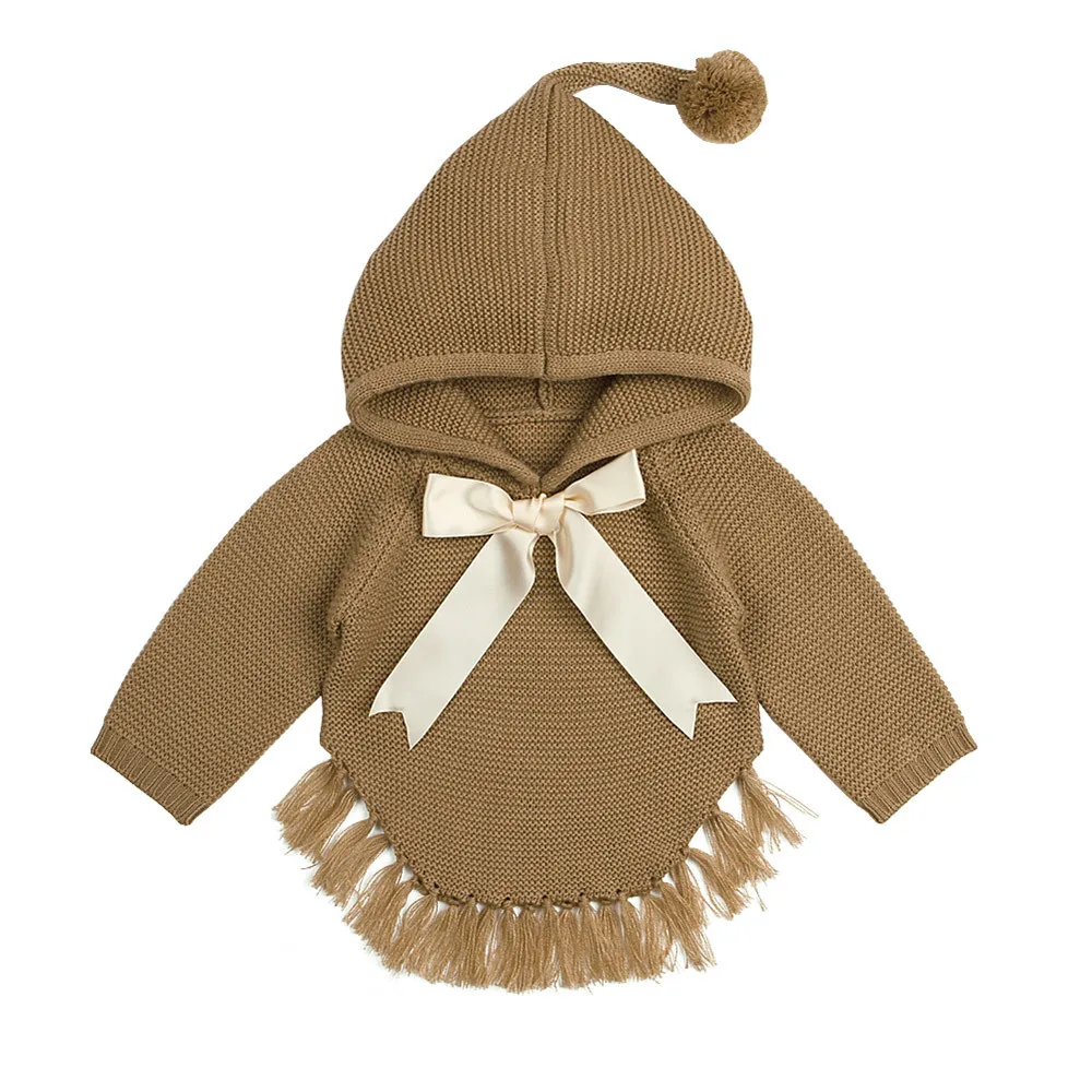 Winter Newborn Red jacket Infant Baby Boys Girls Bow Tassel Knitted Long Sleeve Hooded Tops Sweater Outfits Fringed hooded - Цвет: Brown