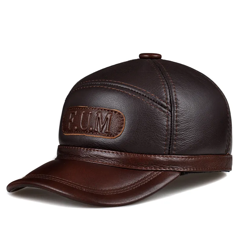 RY132 – Casquette de Baseball en cuir véritable pour homme, chapeau de papa en fourrure, ajustable, lettres, noir/marron