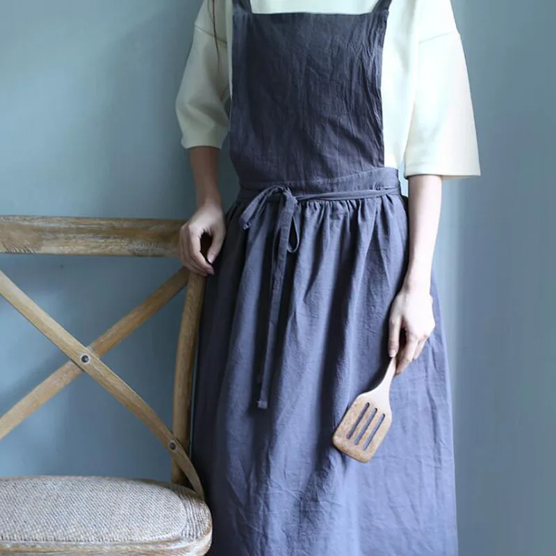 

European Lady's Apron Washed Cotton Linen Adult Aprons for Woman Kitchen Cooking Gardening Coffee Shop Uniform ZA6898