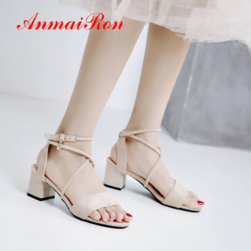 

ANMAIRON 2019 New Arrival Silk Basic Office & Career Shoes Women Summer Fashion Med High Sandals Size 34-43 LY2383