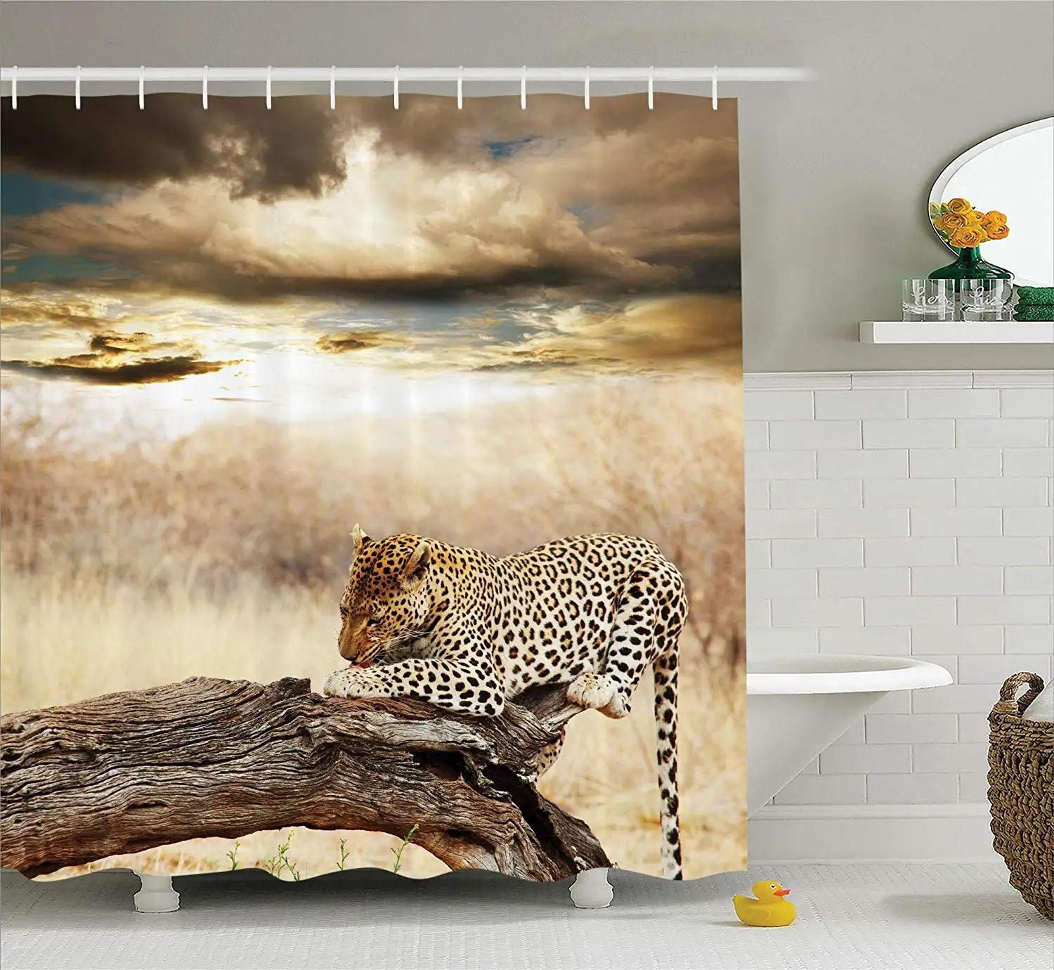 Safari Shower Curtain Leopard Resting Under Dramatic Cloudy Sky Africa Safari Wild Cats Nature