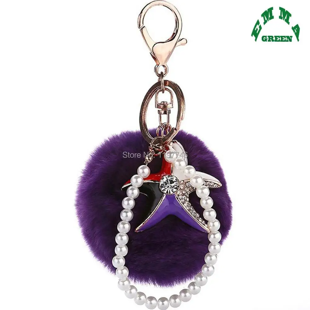 

Plush Pendant Enamel Starfish Shell Pearls Pendant Key Chain Lovely Rabbit Fur Ball Keyring Bag Pendant Accessories