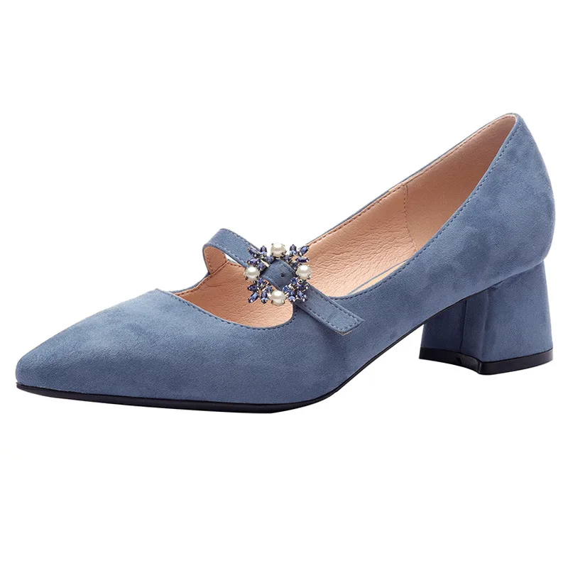 

Sweet Brand Woman Pumps Spring/Autumn Basic Flock Slip-On Pointed Toe Square Heel Fashion Metal Decoration Leisure A897A