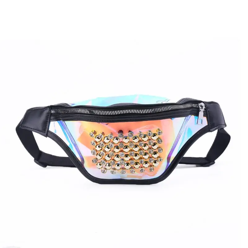 

Good Quality New Color-block Casual PVC Material Pattern Rhinestone Women Fashion Waist Pack Rivet Bum Bag Phone Bag Chest Bag