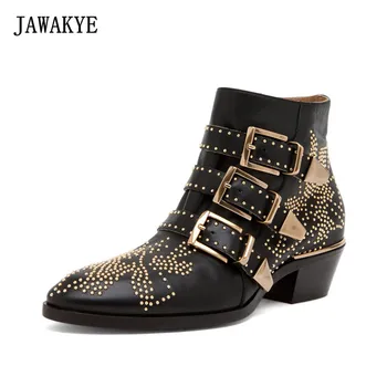 

JAWAKYE Sexy Rivets Susanna Studded Leather Buckle Ankle Boots Women Kitten Heels Winter Shoes Studded Ankle Boots for Women