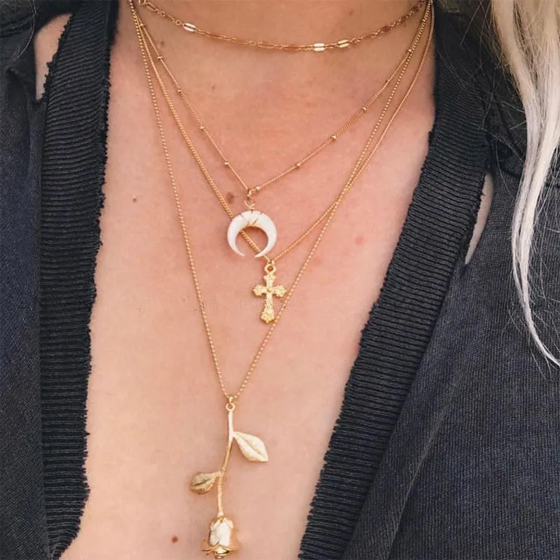 

2019 New Personality Flower Cross Moon Metal Multilayer Hip hop Long Chain Cool Simple Necklace for Women Jewelry Party Gifts