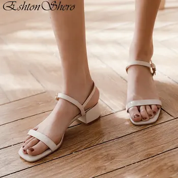 

EshtonShero Women Sandals Shoes Woman Med Heels Platform Square Toe Ankle Strap Cow Leather Black Ladies Wedding Shoes Size 3-8