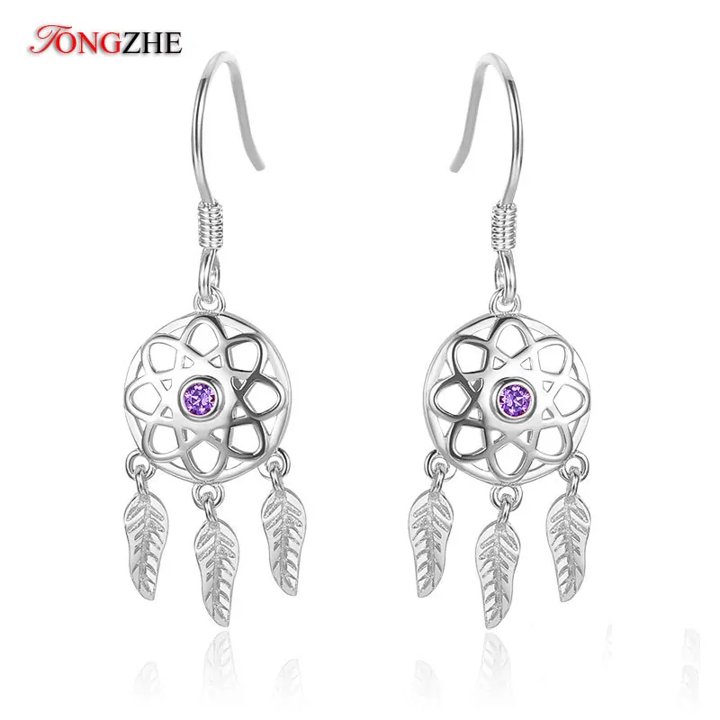 

TONGZHE Dream Catcher Drop Earring for Women 925 Sterling Silver Bulgaria Jewelry Yellow Rose Gold Purple CZ Statement Earrings